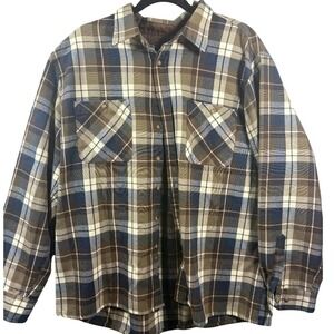 John Blair‎ Mens Plaid Flannel Shirt Long Sleeve Button Front Casual Brown Blue
